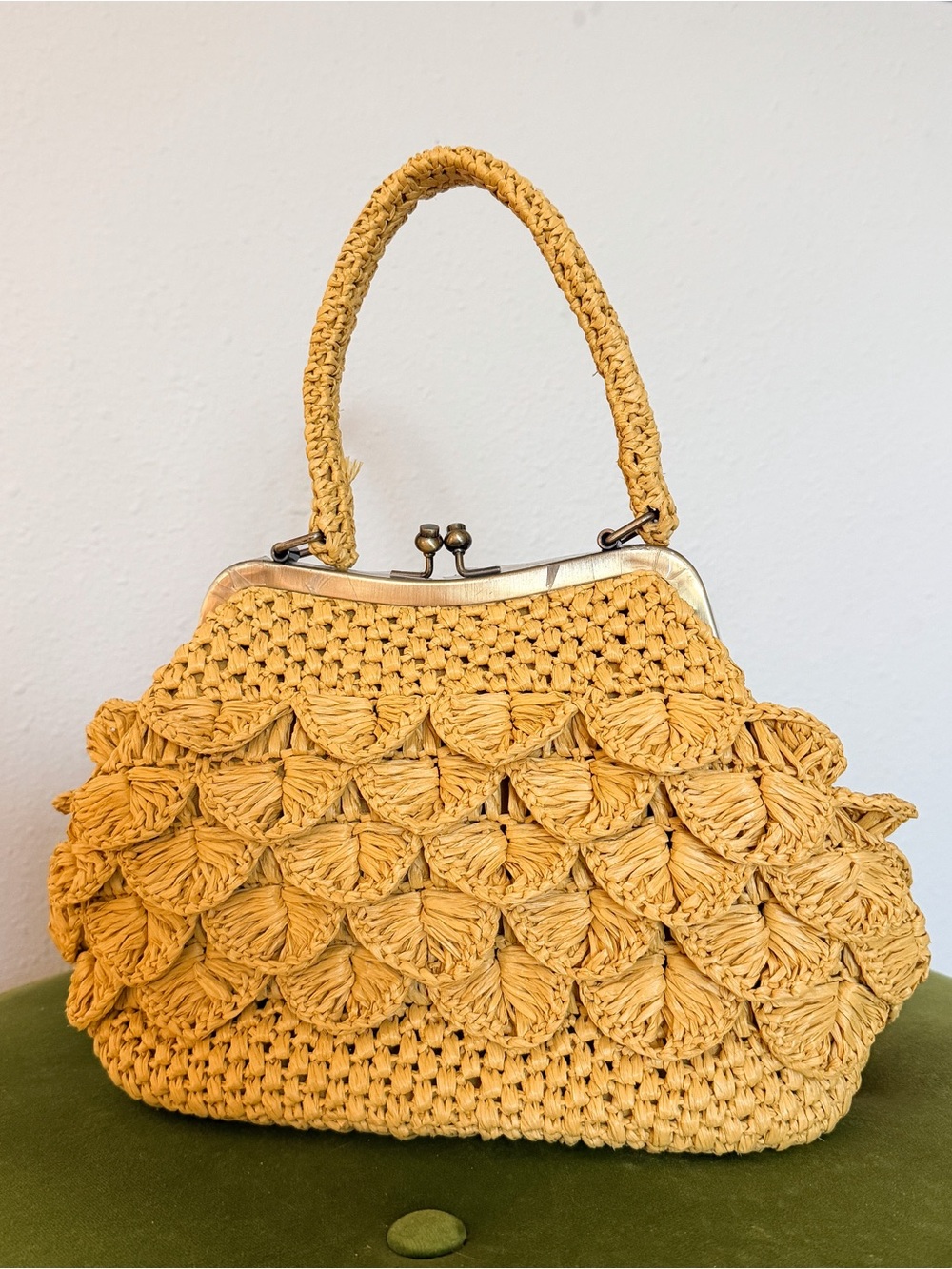 Patricia Nash Yellow Woven Raffia Kiss-Lock Top-Handle Clutch
